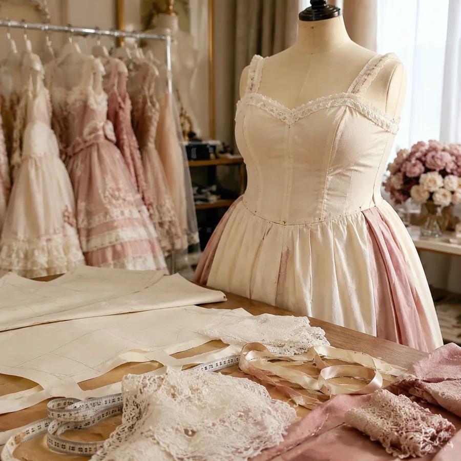 Plus-size Lolita dress form with pattern paper, lace, ribbons, and atelier fitting tools