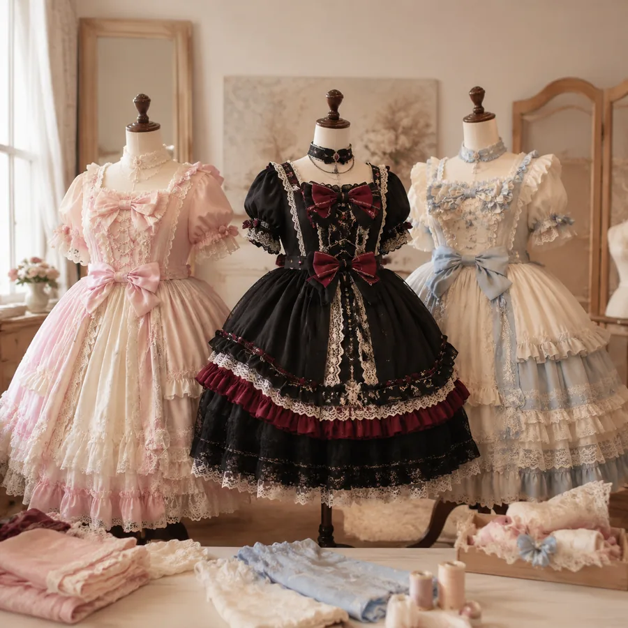 Sweet, Gothic, and Classic Lolita dresses displayed on atelier dress forms