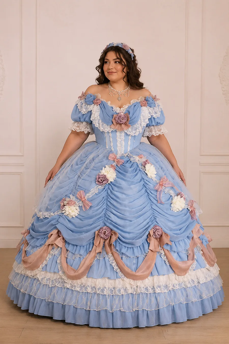 Plus-size model in powder blue Rococo Hime Lolita ball gown with floral skirt garlands