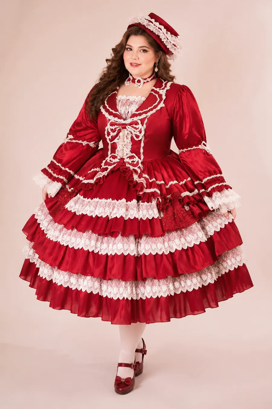 Plus-size model in red and ivory Classic Hime Lolita OP dress with ruffled skirt