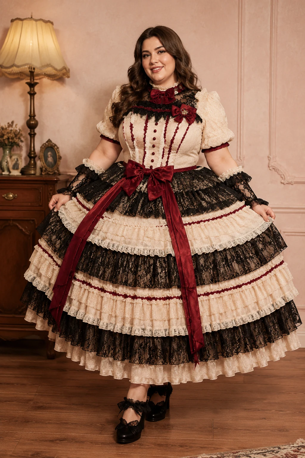 Plus-size model in cream, black lace, and ruby red Gothic Lolita tea party dress