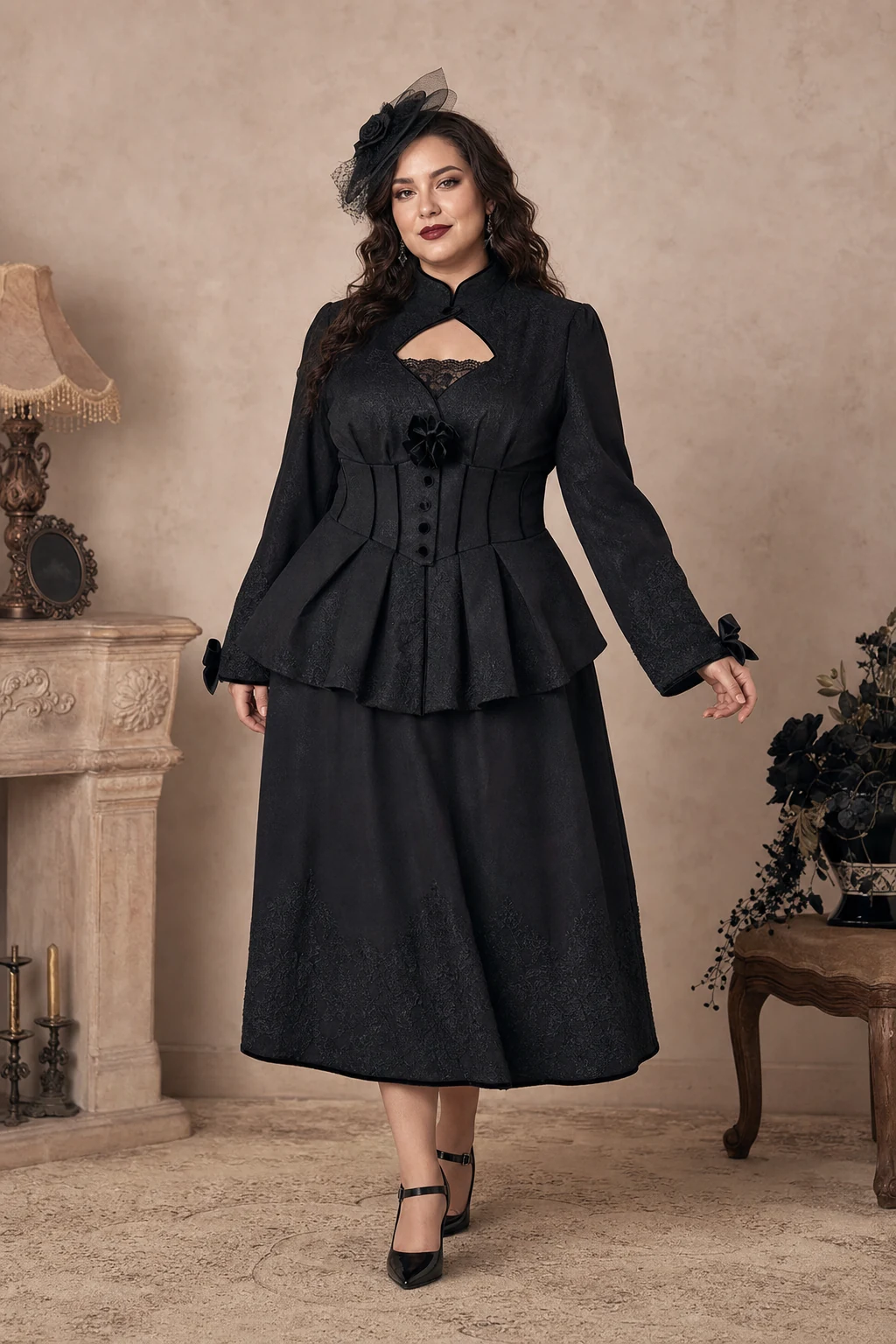 Plus-size model in black Gothic vintage Lolita tailored set with lace keyhole neckline and peplum jacket