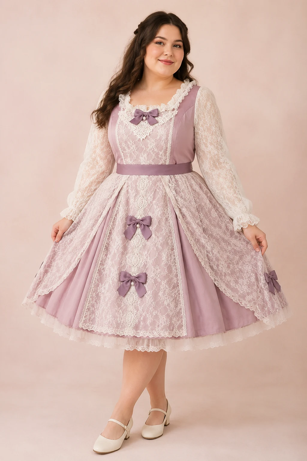 Plus-size model in dusty pink lavender Sweet Lolita lace dress with white lace sleeves and muted purple bows