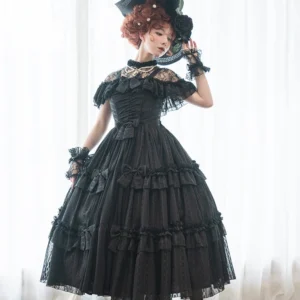 Plus Size Rose Bush Black Long JSK + Cape - Gothic Lolita