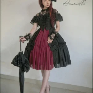 Plus Size Rose Bush Black Red Short JSK + Cape - Gothic Lolita