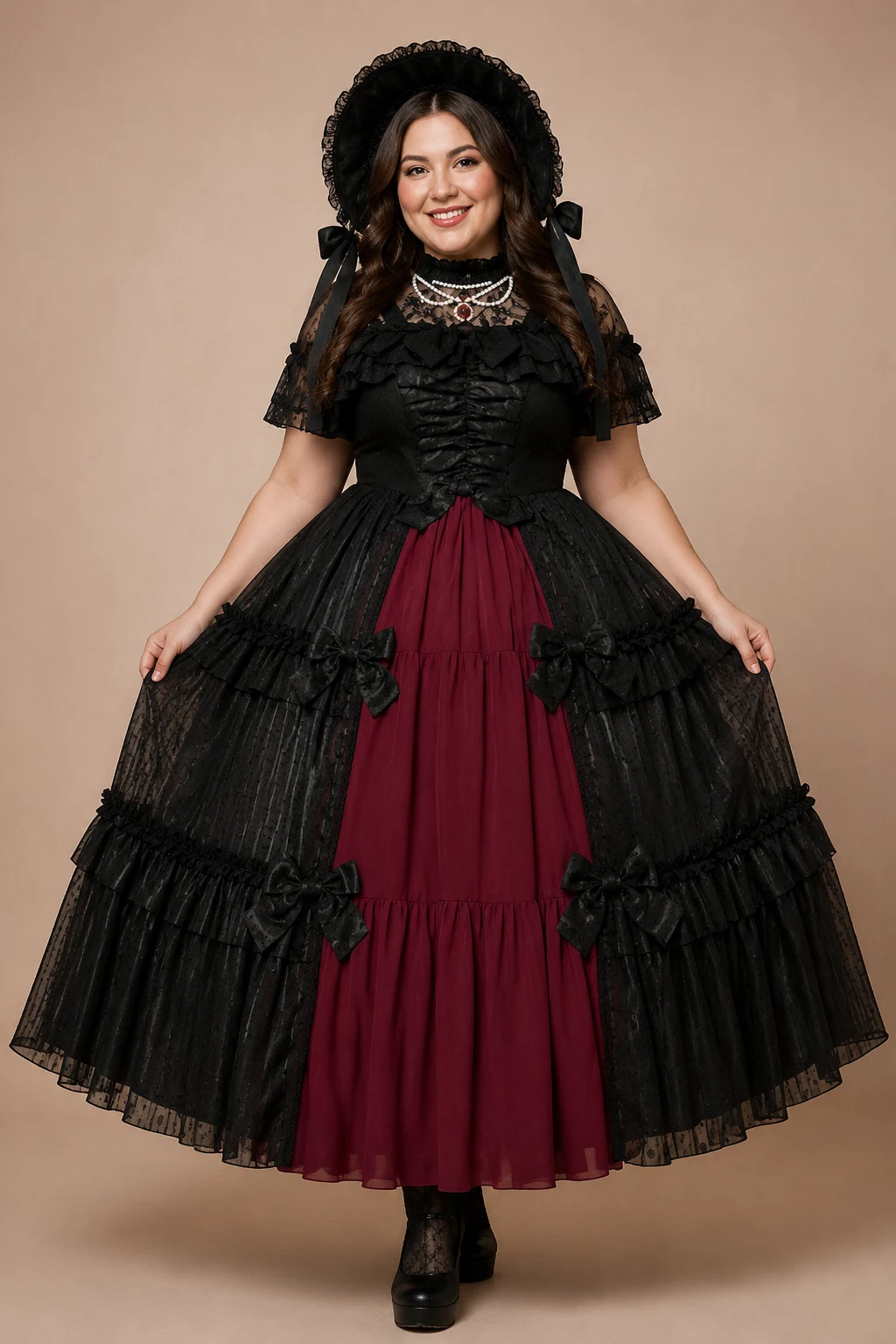 Plus-size model in black and burgundy Gothic Lolita JSK with sheer lace yoke, pearl neckline, and red jewel detail