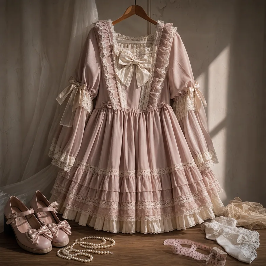 Dusty rose Lolita dress with shoes, pearls, lace socks, and measuring tape in a warm atelier