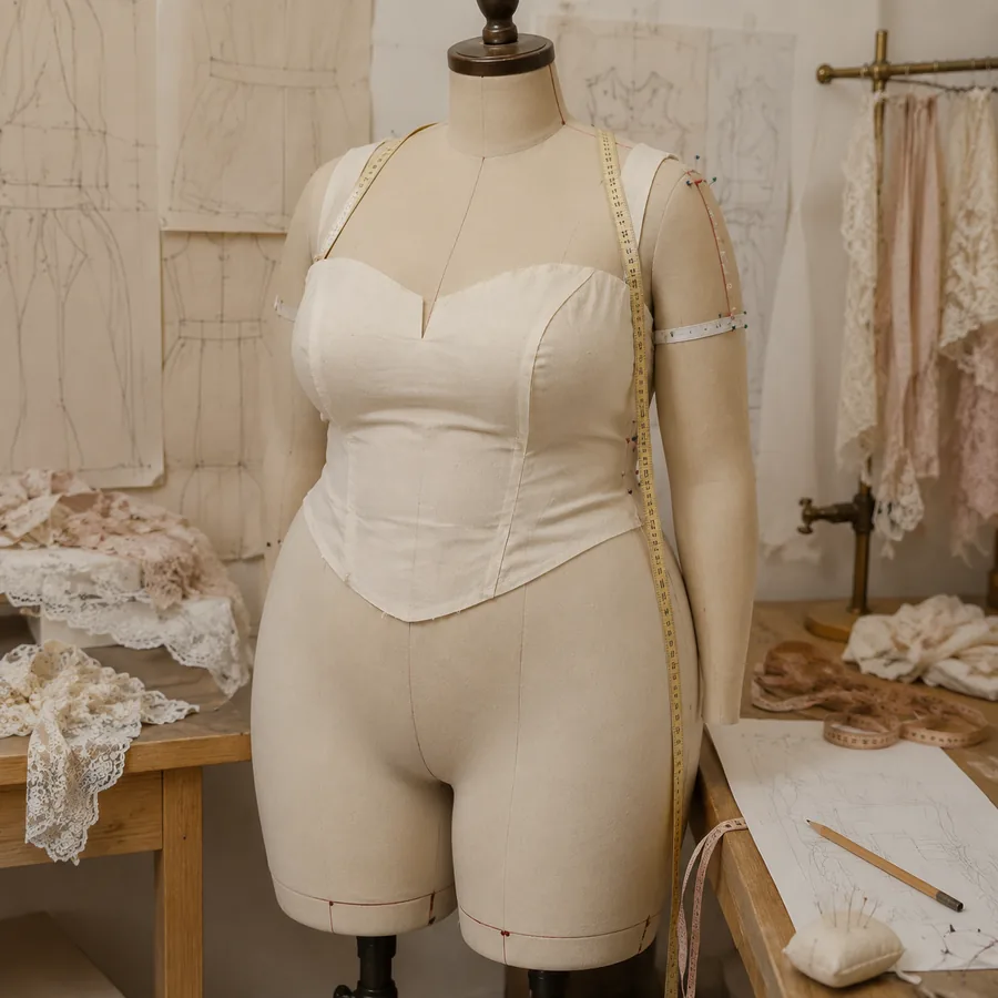 Plus-size dress form with fitting tape, bodice toile, and atelier pattern work