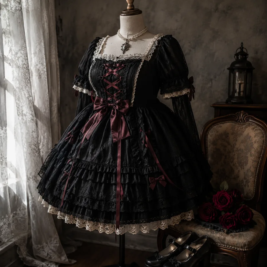 Black and burgundy Gothic Lolita dress on a studio dress form with lace and roses