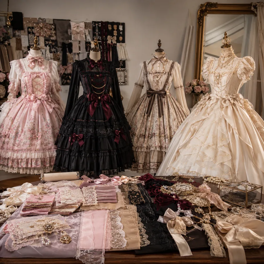 Sweet, Gothic, Classic, and Hime Lolita dresses arranged in a designer studio