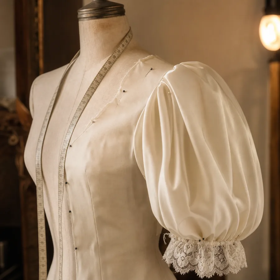 Ivory puff sleeve sample on a dress form with measuring tape and lace cuff