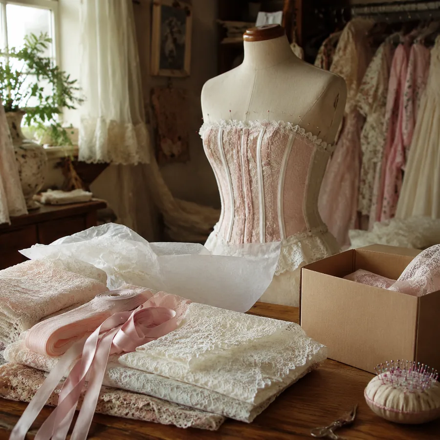 Lolita bodice, lace fabric, satin ribbon, and packaging materials on an atelier worktable