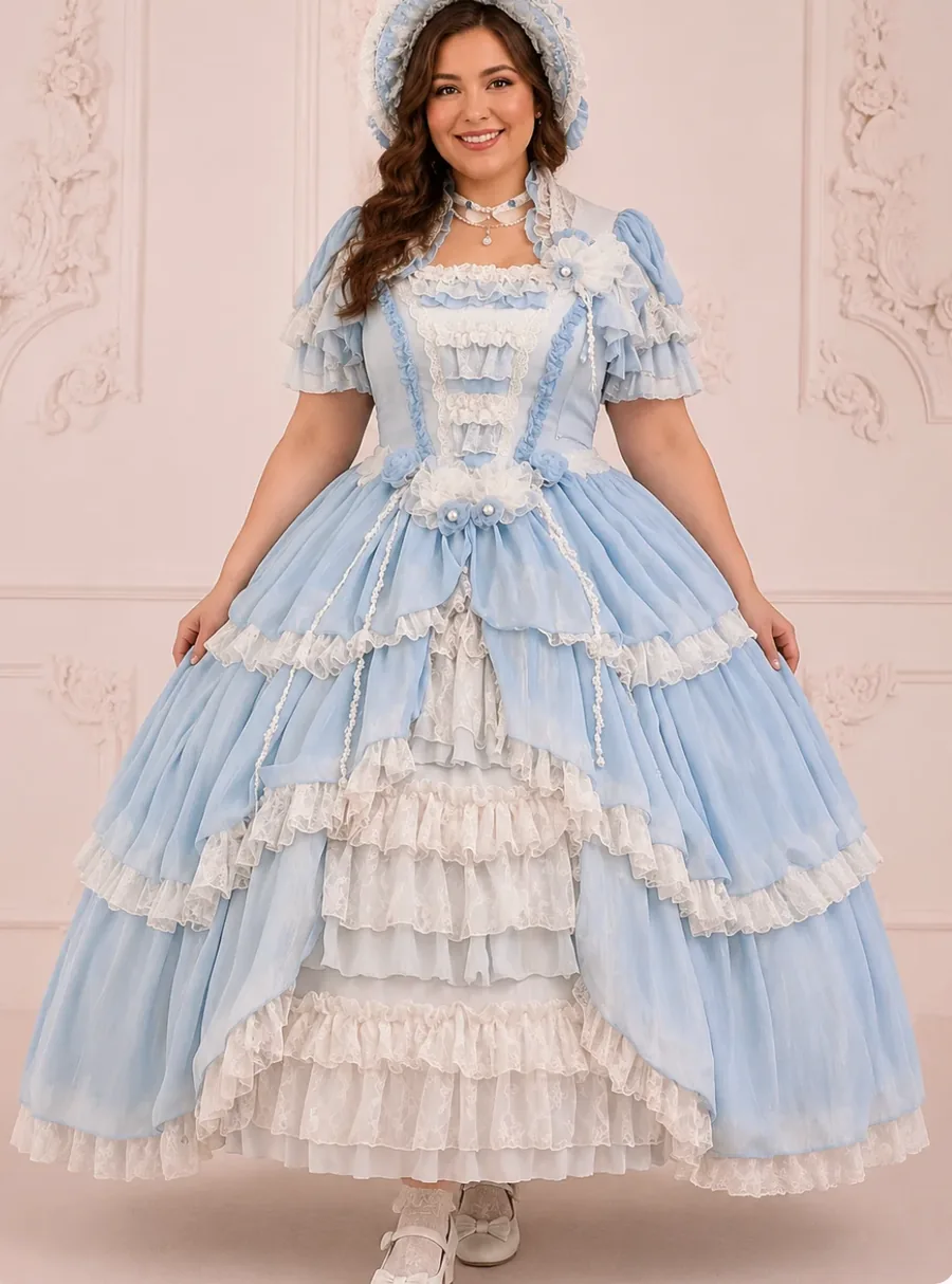 Plus-size model wearing a powder blue and ivory Hime Lolita dress