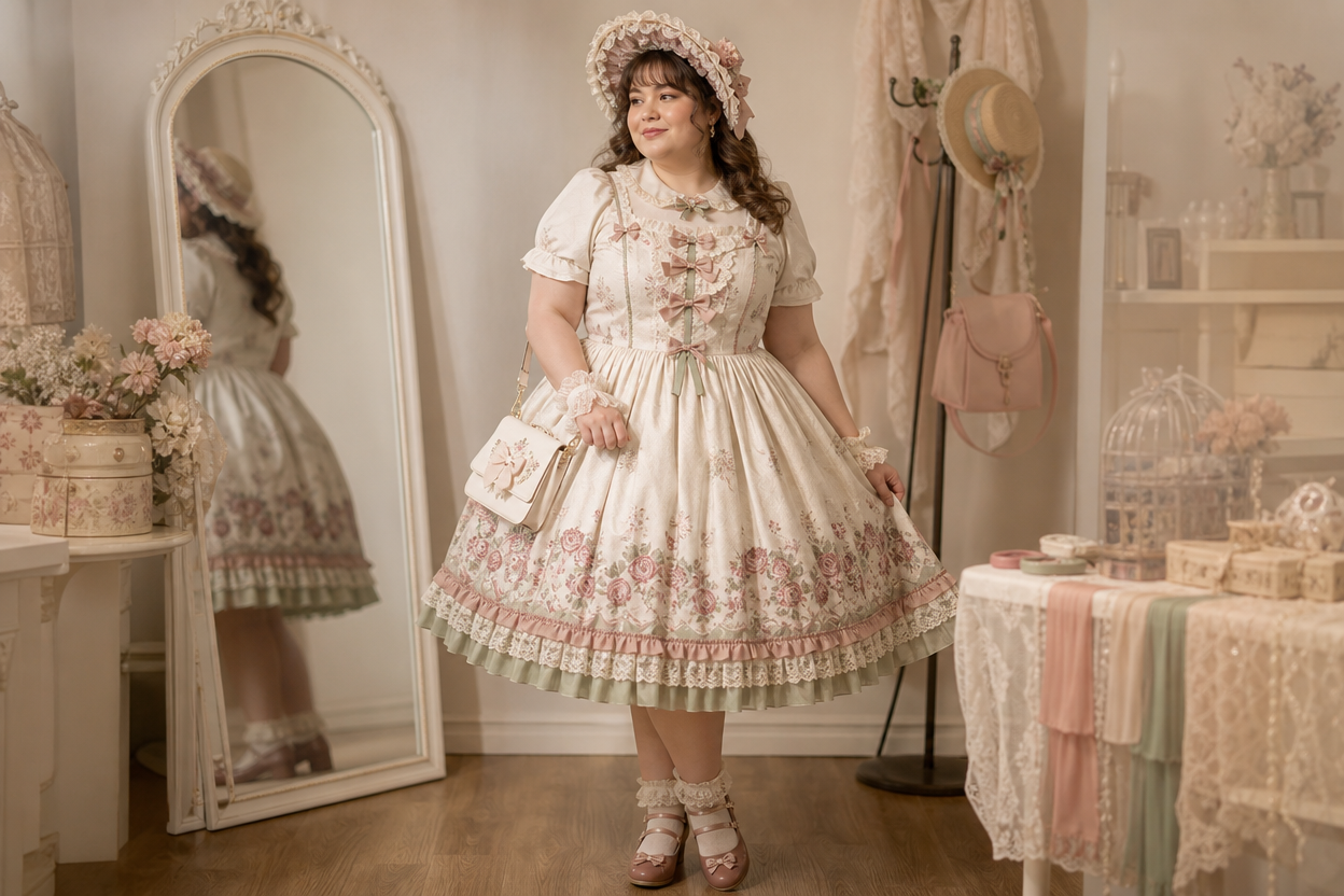 Plus-size model in an ivory, dusty-rose, and sage Lolita outfit with balanced headwear, collar, handbag, and Mary Jane shoes