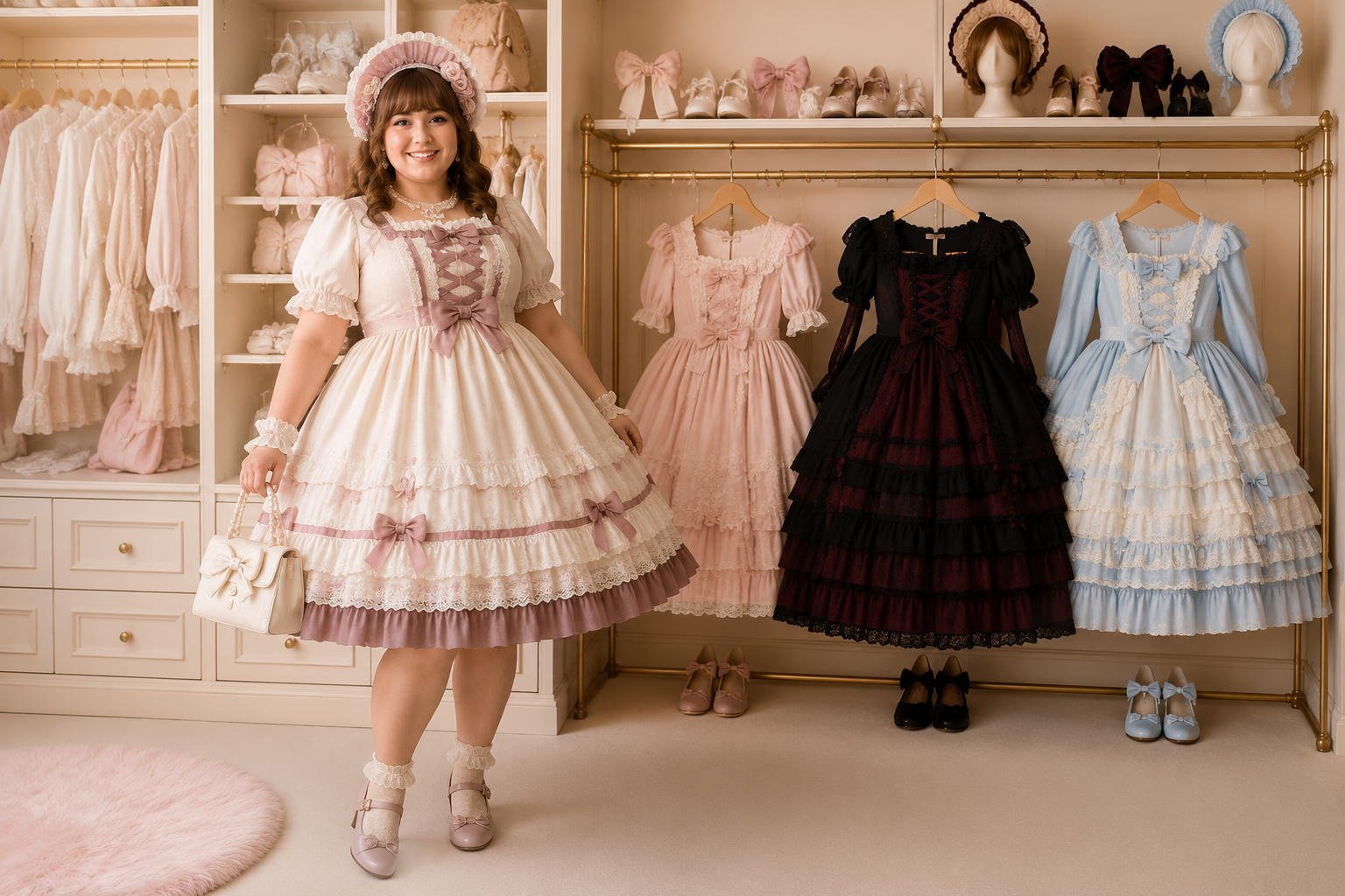 Plus-size model in an ivory and dusty-rose Lolita dress beside Sweet, Gothic, and Hime capsule wardrobe pieces