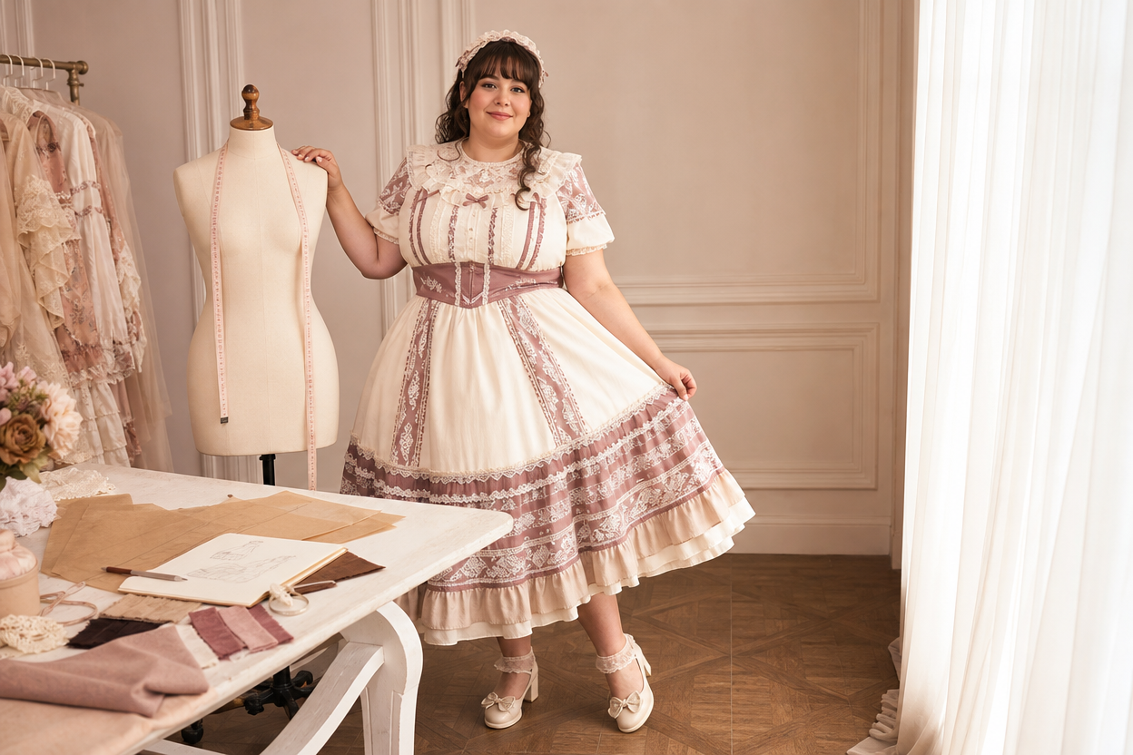 Curvy plus-size Lolita model in an ivory and dusty rose dress beside a dress form, measuring tape, paper pattern, and fabric swatches in a designer studio