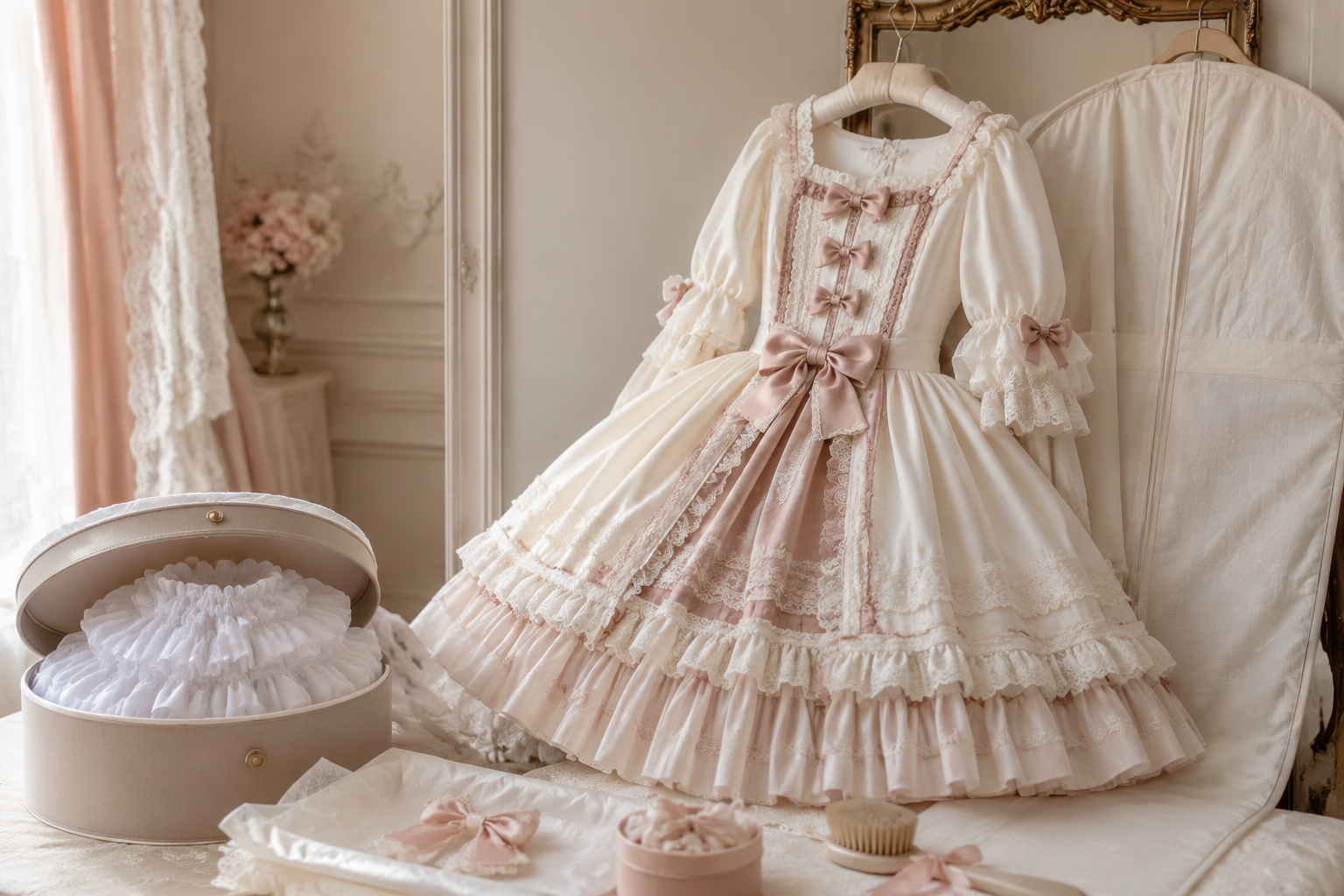 Ivory and dusty rose plus-size Lolita dress with lace, ribbons, garment bag, petticoat storage box, and clothes brush in a designer studio