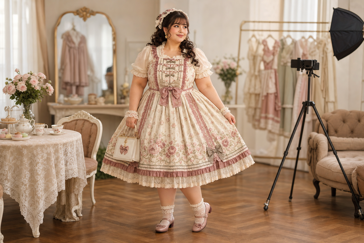 Plus-size model in a coordinated ivory, dusty-rose, and sage Lolita outfit for a tea party, convention, or photoshoot