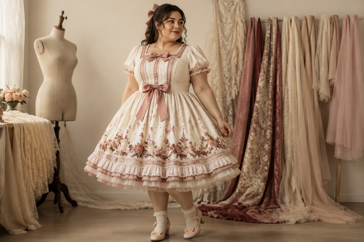 Plus-size model in an ivory and dusty-rose Lolita dress in a fabric designer studio