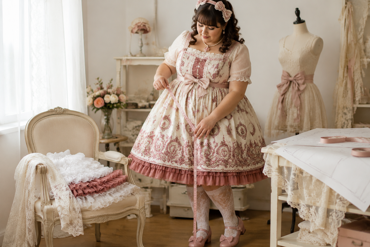 Plus-size model wearing an ivory Lolita dress while checking hem length, petticoat drop, and sitting clearance