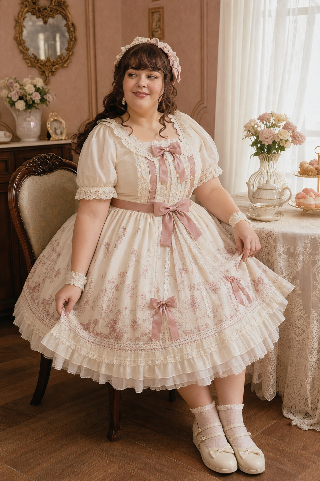 Plus-size woman seated comfortably in an ivory and dusty rose Classic Lolita dress during a real movement fit test