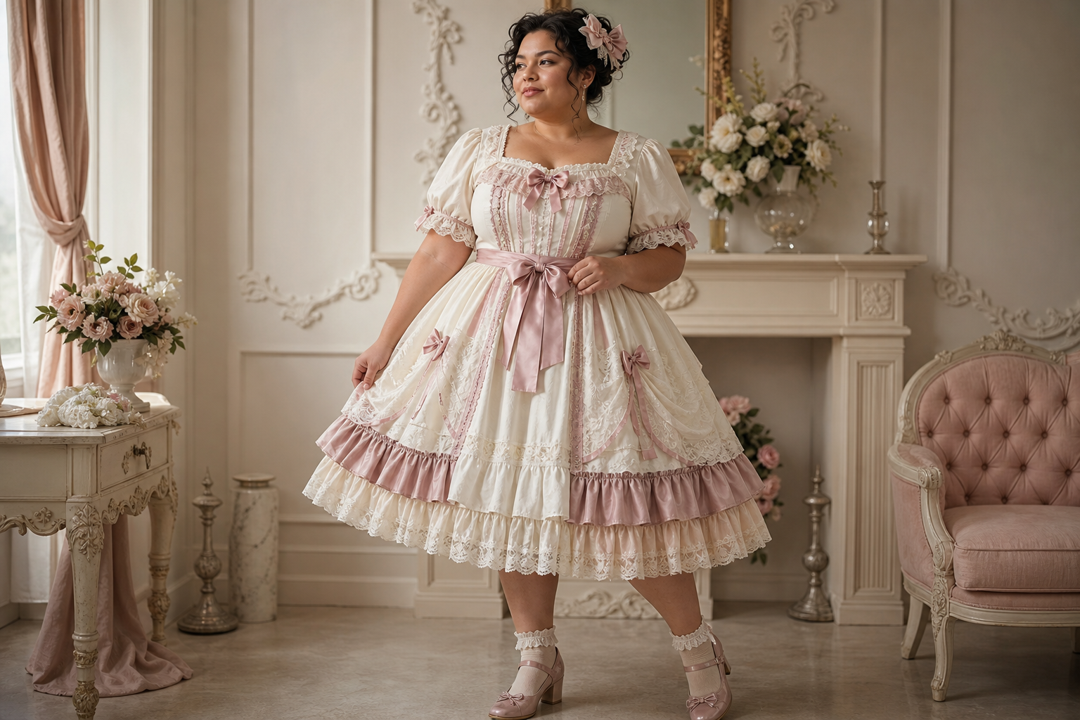 Plus-size model wearing an ivory and dusty-rose Lolita dress with a structured square neckline and lace bodice