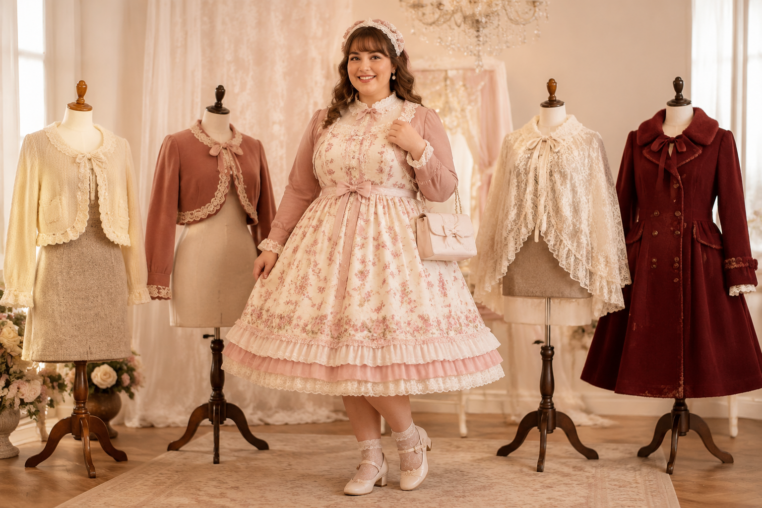 Plus-size model in a dusty-rose Lolita dress beside a cardigan, bolero, lace cape, and burgundy coat