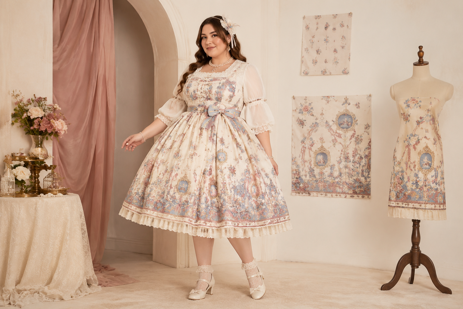 Plus-size model in an ivory printed Classic Lolita dress beside motif swatches and a border-print dress form
