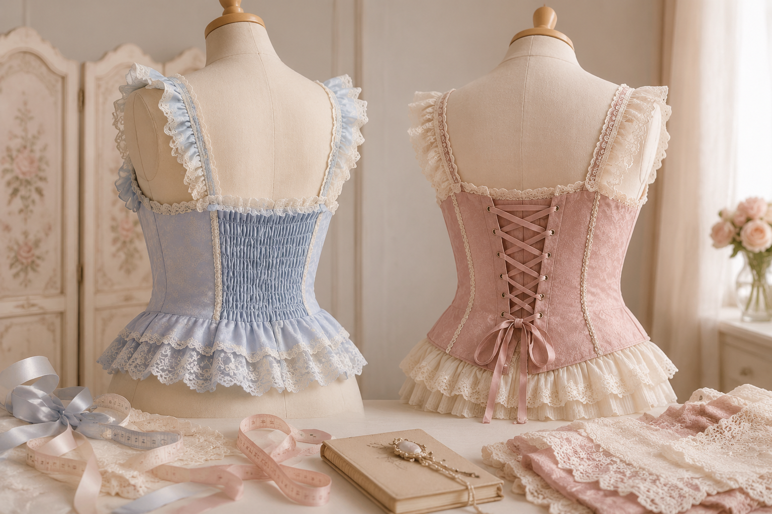 Powder blue shirred plus-size Lolita bodice and dusty rose fixed-waist bodice with back lacing on dress forms in a designer studio