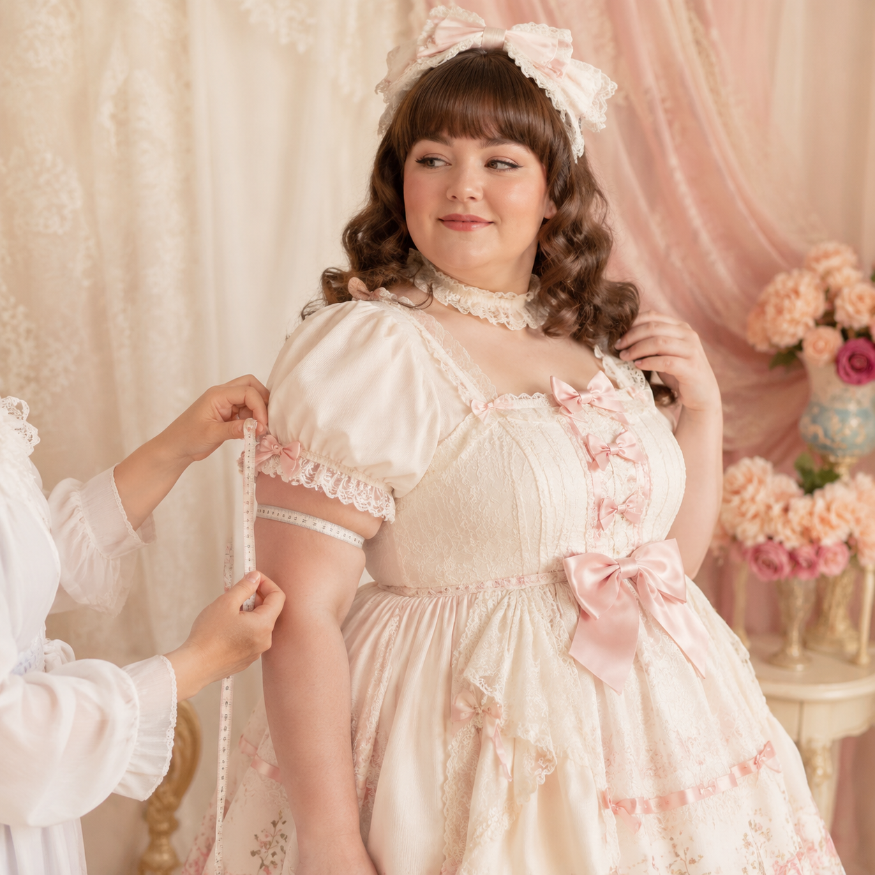 Plus-size Lolita sleeve fit check with measuring tape around puff sleeve and upper arm