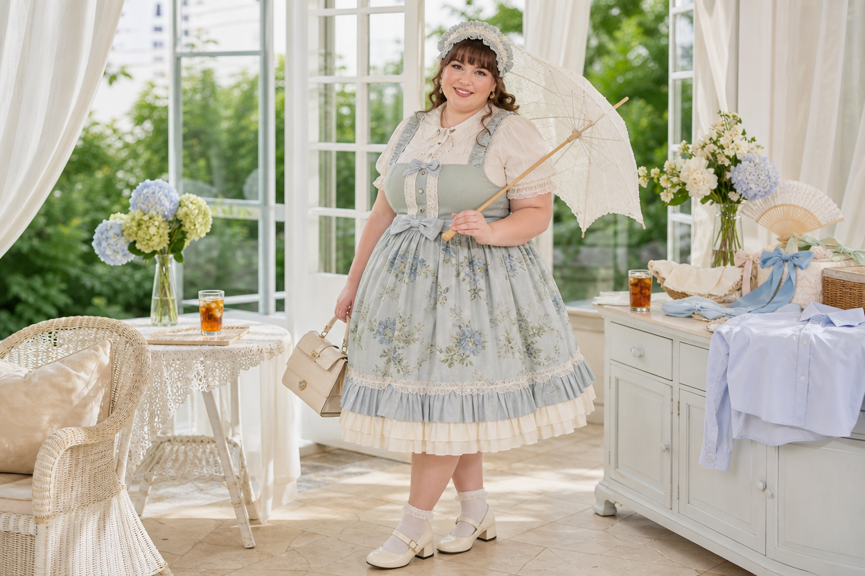 Plus-size model in a breathable ivory and powder-blue Lolita outfit with a parasol and light summer layers