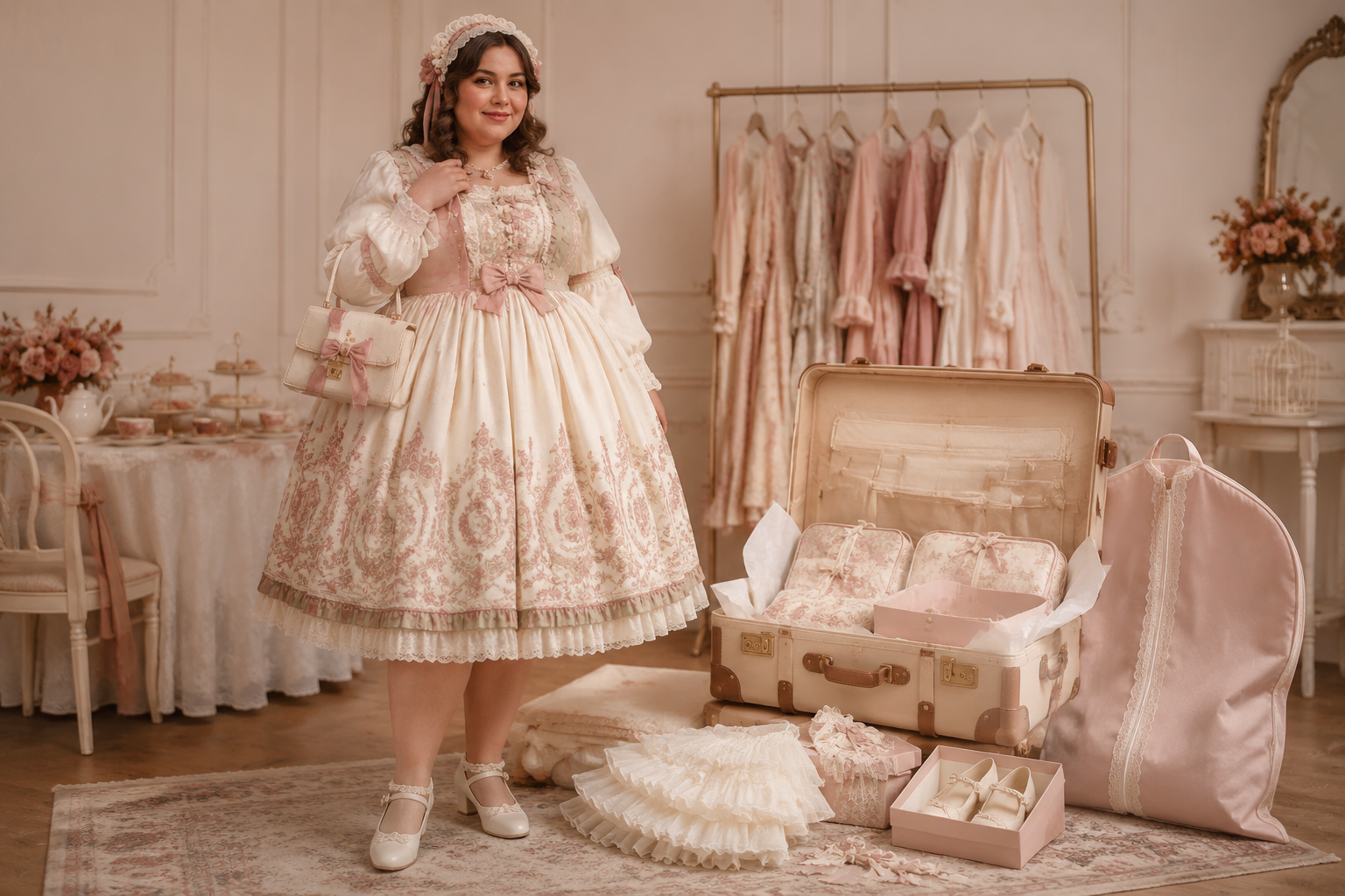 Plus-size model preparing an ivory and dusty-rose Lolita dress, petticoat, shoes, and accessories for travel
