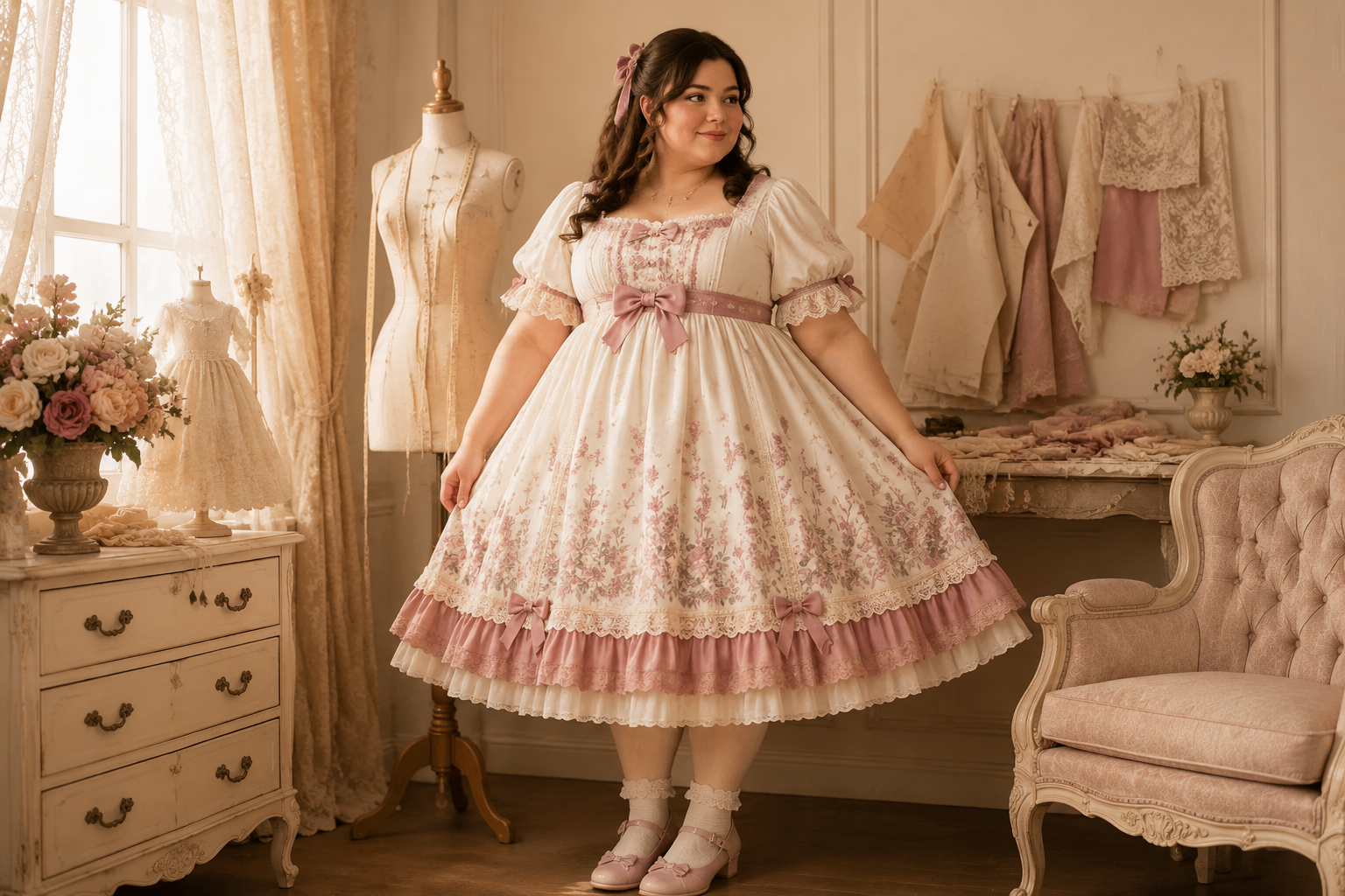 Plus-size model in an ivory and dusty-rose Lolita dress with an empire-inspired waistline in a designer studio